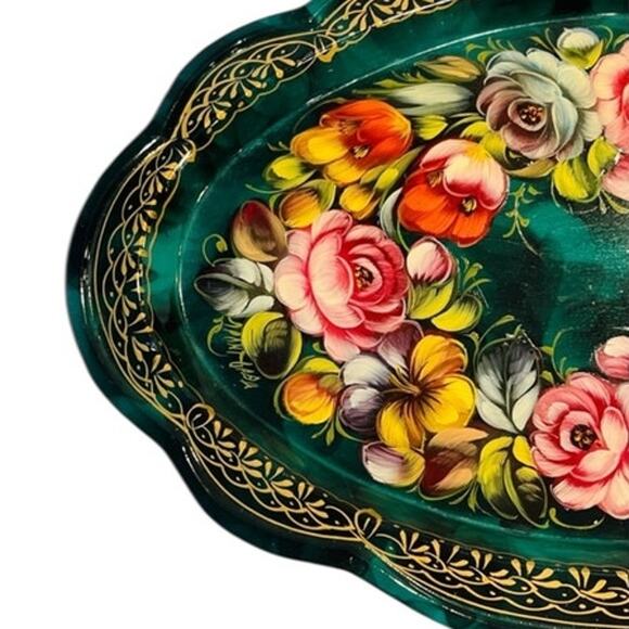 VTG Russian Zhostovo Floral Oval Metal Tray Green Gold Hand Painted Folk Art - Picture 4 of 10